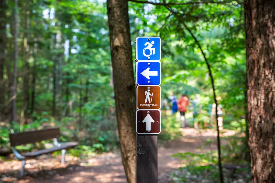 Sign showing accessible hiking trail sign with blurred forest in background.